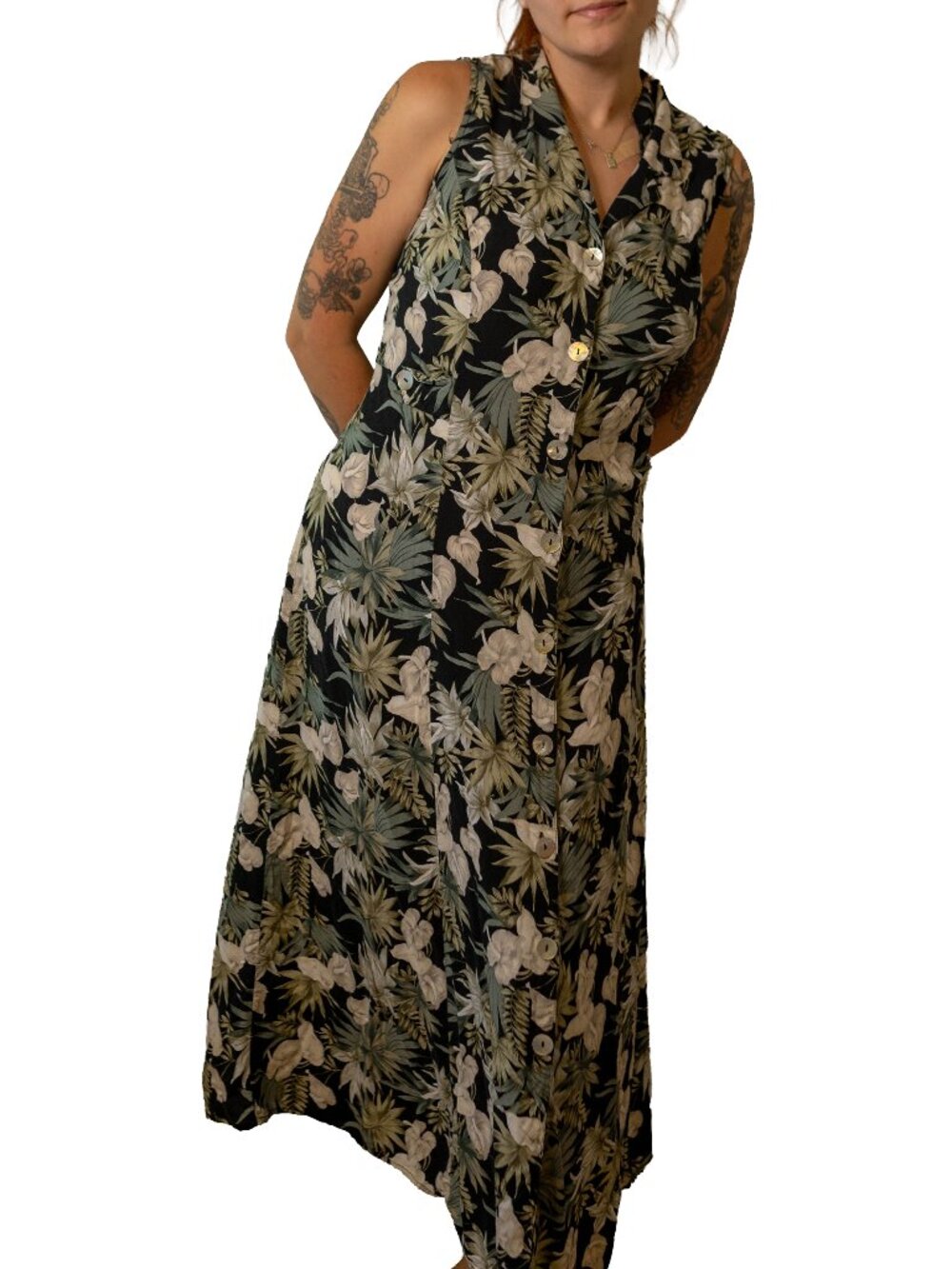 Vintage 90s Teddi Dresses Tropical Leaves & Flowers Maxi Dress- Size 14-16